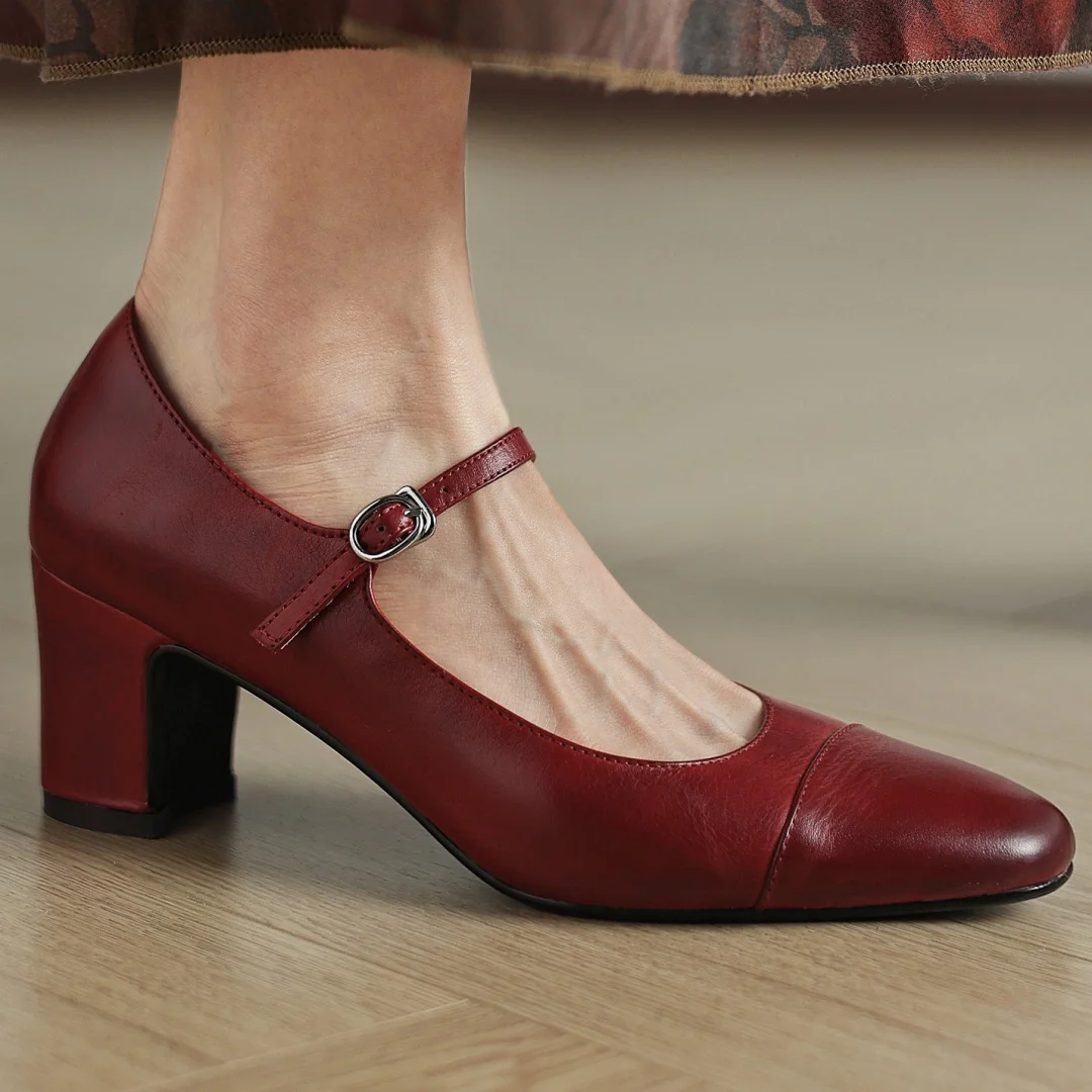 

Women's cow leather metal buckle round toe slip-on Mary Jane pumps 6cm thick med heel elegant ladies OL style dress heels shoes