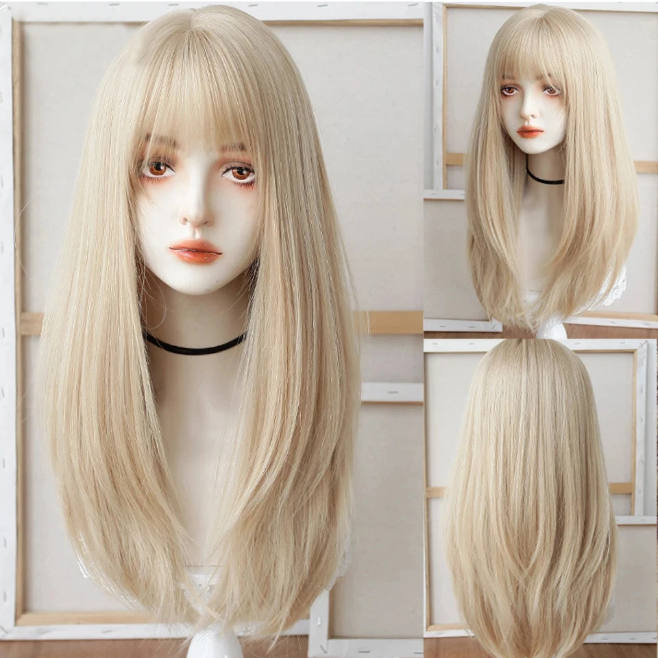 Synthetic Long Straight Lolita Wig with Bangs Wig Girl Cute Ombre Pink Blonde Black Cosplay Party Halloween Harajuku Wig