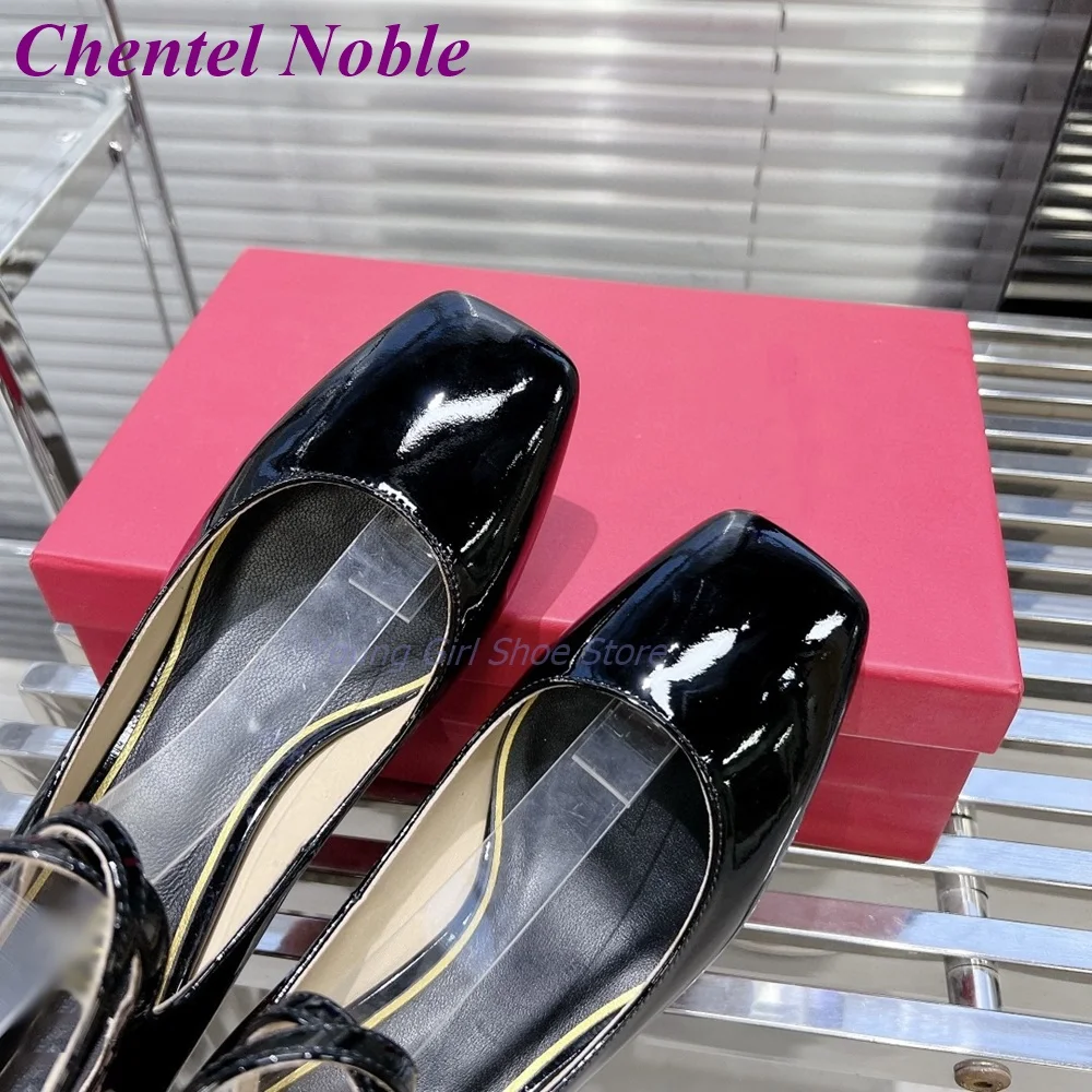 Glossy Leather Square Toe sandals Crossover Buckle Strap Women Shoes 2023 New Arrival Shoes Middle Heel Dress Black Fashion