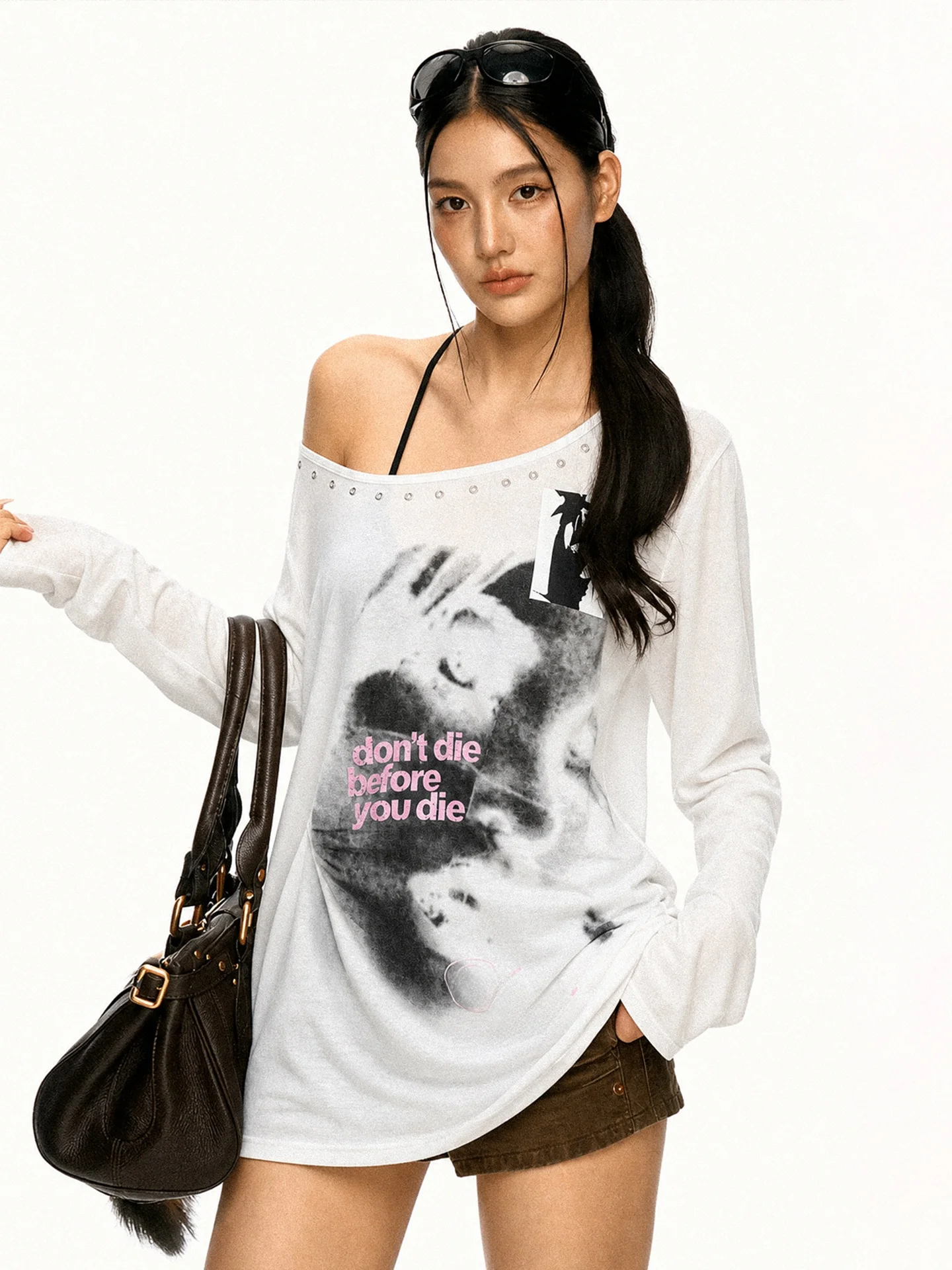 Aaisup American Casual Style Long Sleeve Shoulder T-Shirt Women's Early Autumn Design Touching Image Print Loose Sunscreen Top