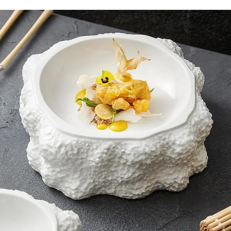 Rock Texture Ceramic Dining Plate Restaurant Double Insulated Dessert Sushi Plates Molecular Cuisine Tableware