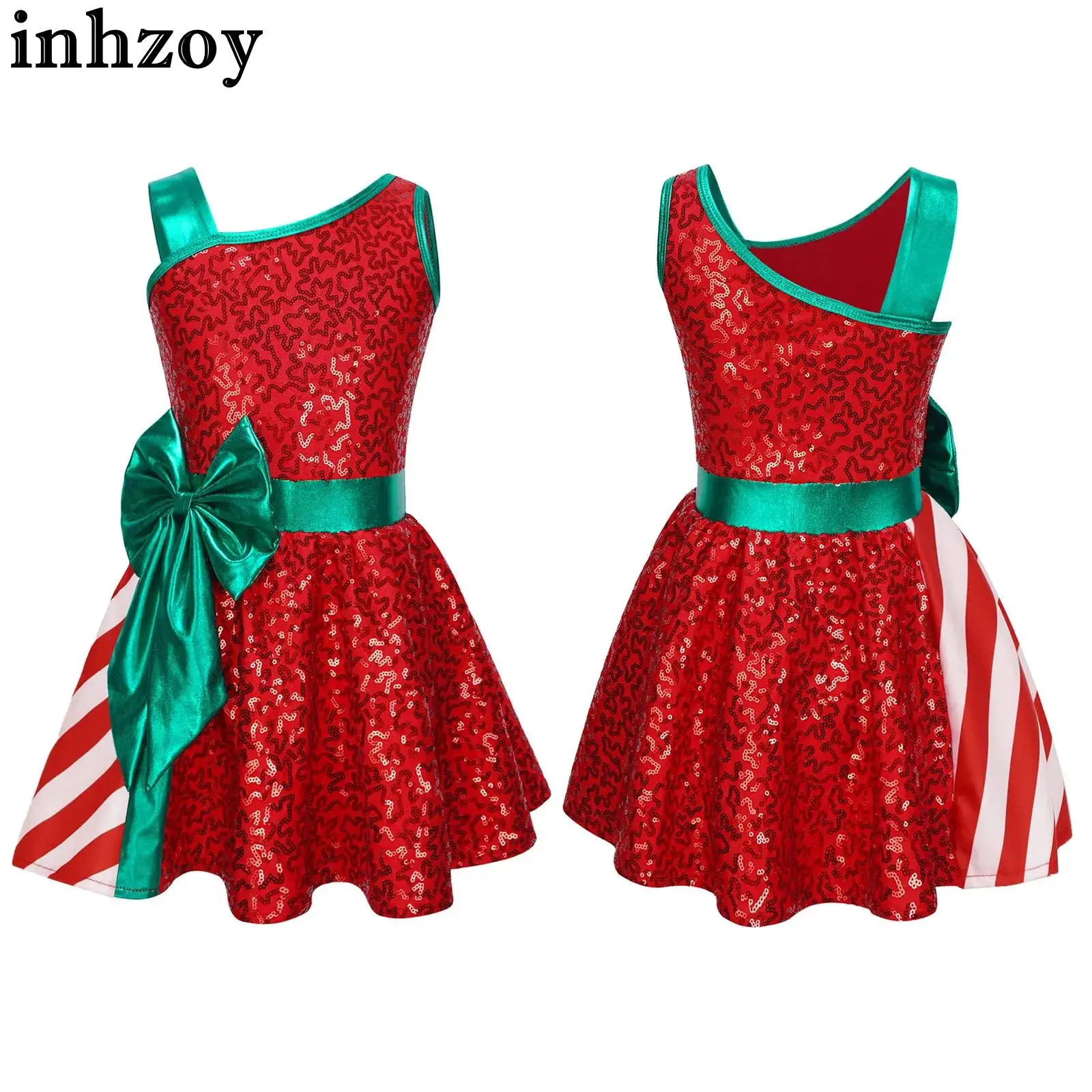 

Детское рождественское праздничное платье для девочек без рукавов с блестящими пайетками, балетное танцевальное катание на коньках, гимнастическое трико-пачка, Рождественский костюм Санта-Эльфа