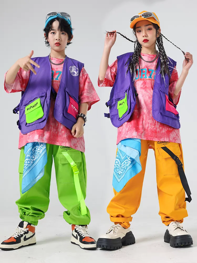 Kids Hip Hop Tie Dye T-shirt Purple Vest Street Dance Cargo Pants Girls Fashion Clothes Sets Boys Streetwear Child Jazz Costumes