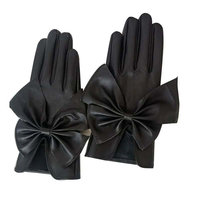 Guantes de piel de oveja auténtica para mujer, decoración de lazo, estilo fino, negro y marrón, invierno, nueva moda