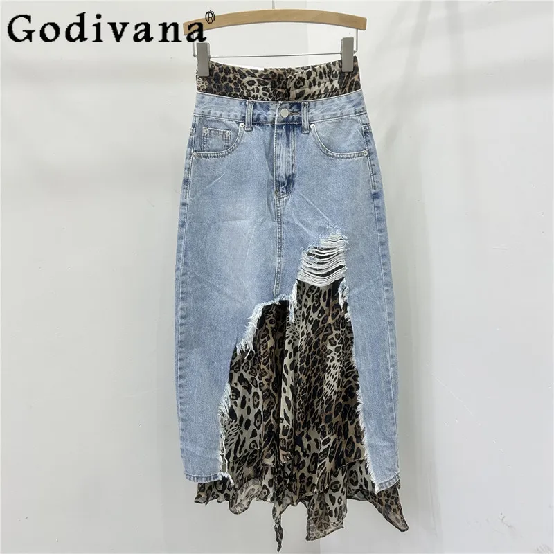 

Американская осенняя нерегулярная персонализированная джинсовая юбка для девочек с леопардовым принтом, искусственные двойки, модные универсальные длинные юбки
