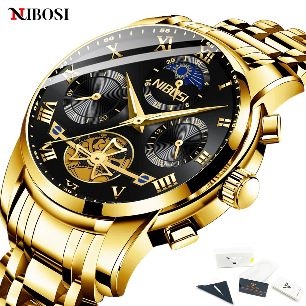

NIBOSI мужские часы хронограф фаза Луны водостойкие светящиеся кварцевые наручные часы для мужчин из нержавеющей стали люксовый бренд мужские часы