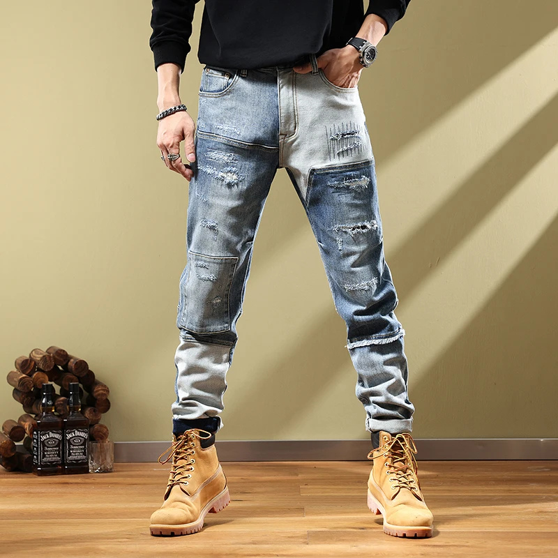 Fashion Streetwear Men Jeans Retro Washed Blue Stretch Slim Fit Ripped Jeans Men Patched Designer Hip Hop Denim Pants Hombre