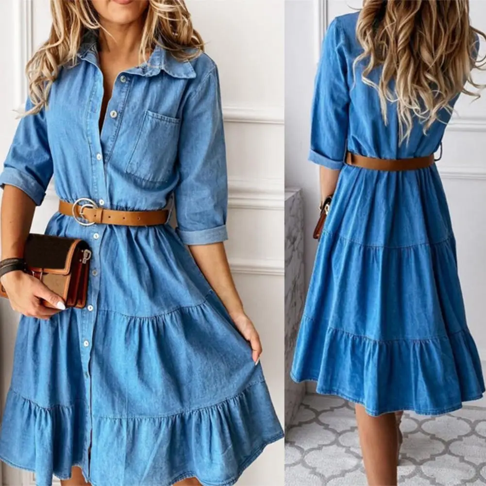 

Stylish Denim Dress Buttons Loose Hem Belt Three Quarter Sleeve Female Dress Young Summer Dress Good Workmanship