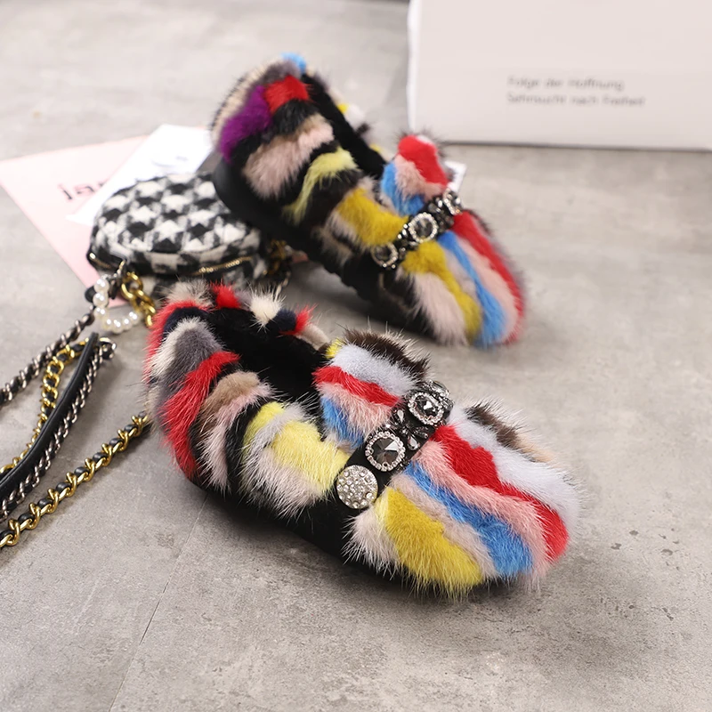 Colorful Mink Fur Women Loafers Casual Thick Sole Moccasins Crystal Winter Snow Platform Shoes Woman Fur Espadrilles Creepers