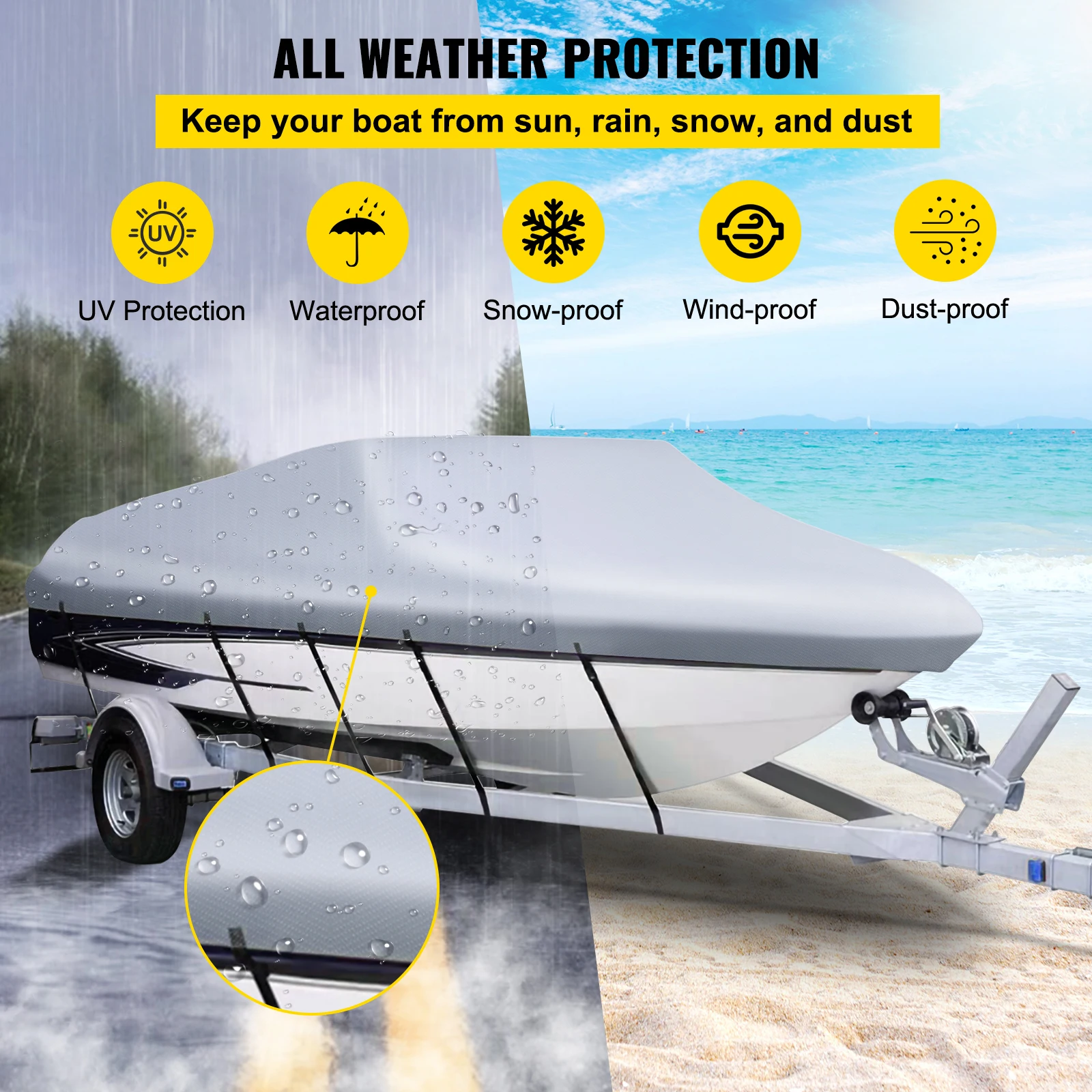 VEVOR 14-28 FT V Hull Boat Cover 3 Layer Oxford Fabric All-Season Protection With Storage Bag and 5Pcs Adjustable Straps