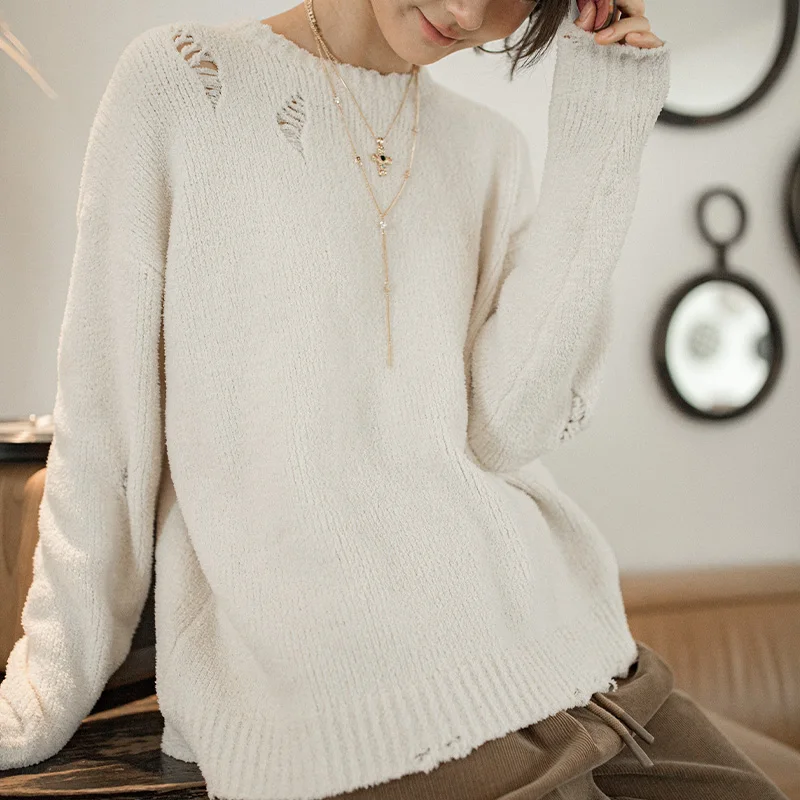 Maden New Distressed Design knitted Sweater Beige Round-neck Pullover Versatile Warm Inner-wear Casual Tops for Women's Autumn