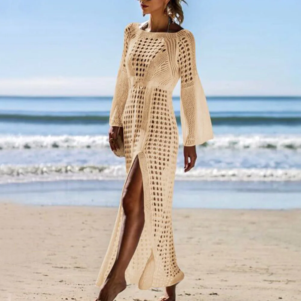 Crochet Bikinis Cover Ups Summer Women Knitted Long Sleeve High Split Bikini Cover Up Maxi Dress Sexy Hollow Tunic Beach Dresses