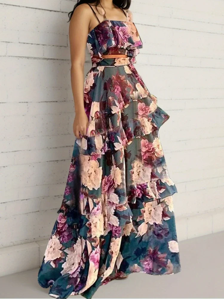 2024 المرأة قطعتين بحر أنيقة الكشكشة كم فساتين الشاطئ ورقة طباعة الأبيض فستان طويل عالية الخصر Bodycon Vestidos