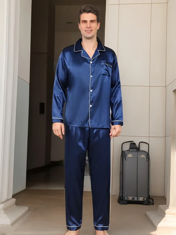 Men Pajama Sets Microfiber Sleepwear For Sleeping Man Shirt Satin Long Sleeve Pyjama Male Home Night Wear Plus Size Loungewear