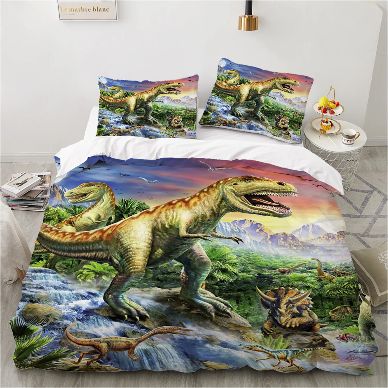 

Dinosaur Print Bed Set 260x220cm - Queen Size Duvet Cover Set with Microfiber Bedding for Boys Room Easy Care & Kids Gift Idea