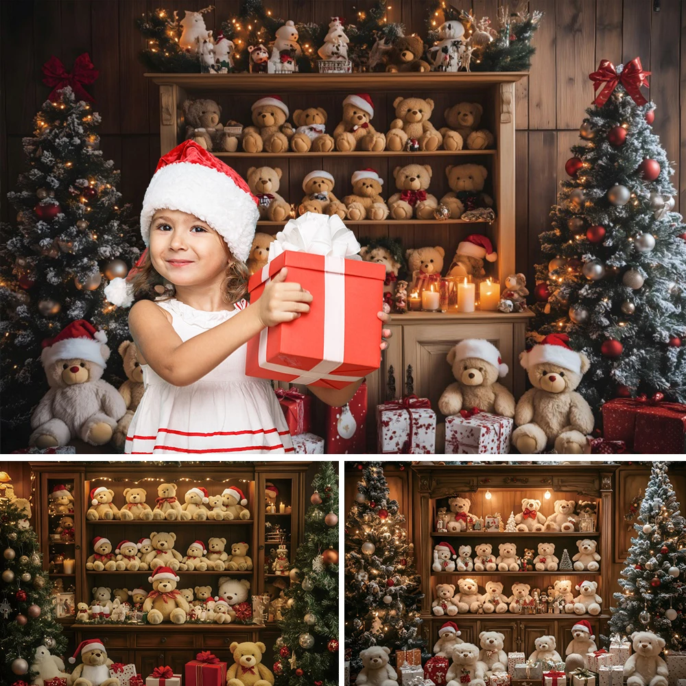 

Merry Christmas Toy Bear Shopwindow Backdrop Photography Xmas Tree Baby Photo Photographic Family Party Background Photo Studio