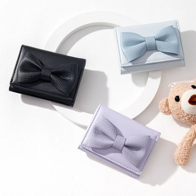 Korean version new solid color simple bow small three fold small mini student short wallet for women