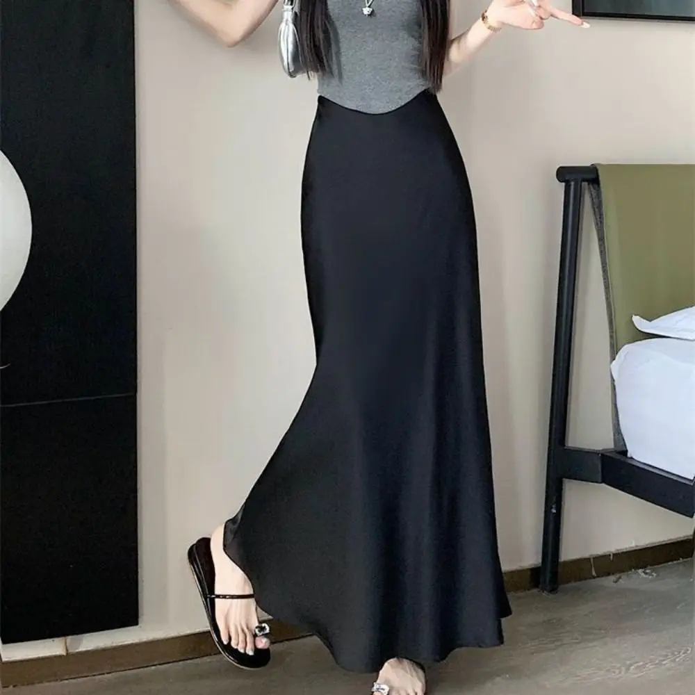 

Simple Summer Satin Silk Long Skirt High Waist Slim Fit High Waisted Skirts Half Body Dress A Line Midi Skirt Women