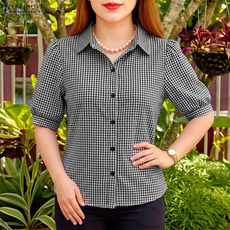 ZANZEA 2026 Woman Gingham Check Shirts Turn-Down Collar Puff Sleeves Button Up Daily Casual Tops Summer Everyday Wear Camisas