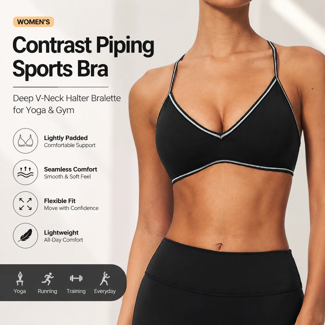 Women's Contrast Piping Halter Deep V-Neck Sports Bra with Spaghetti Straps Curved Underbust Hem Padded Seamless Workout Bralett