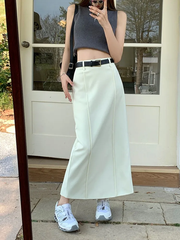 S-XL3Colors Women Long Skirt Spring Summer 2023 Korean Style High Waist Skinny Pencil Suit Long Skirts Female+belt(75098