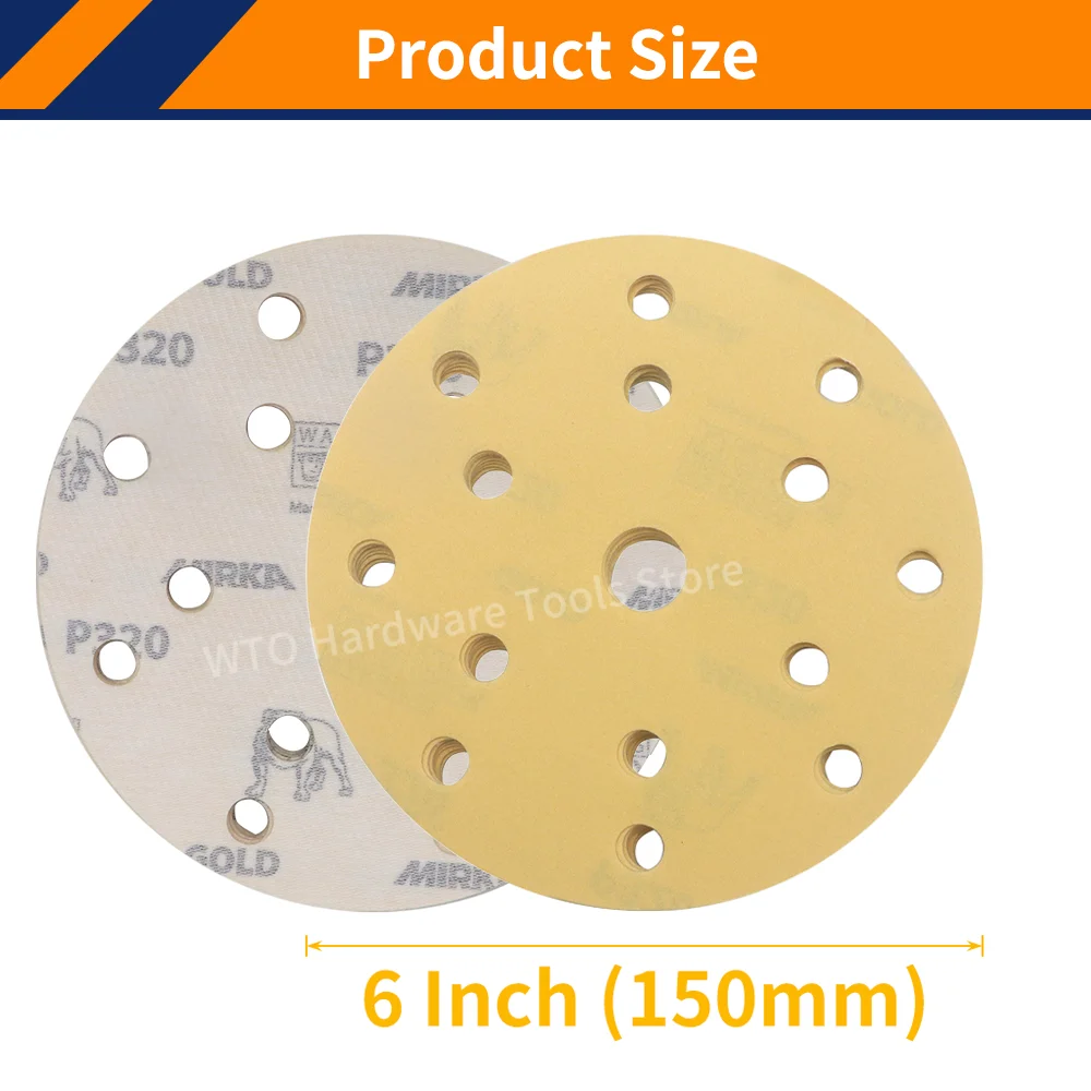 50PCS 6 Inch 15 Hole Gold Abrasive Discs,150mm Hook and Loop Gold Sandpaper Discs for Automotive,Metal,Drywall,Paint,80-800 Grit