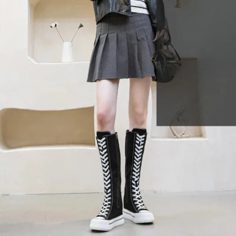 13 سنتيمتر الكعوب المرأة قماش الأحذية عادية عالية أعلى أحذية أحذية طويلة الدانتيل متابعة سستة مريحة الأحذية المسطحة أحذية رياضية بوتاس الفقرة Mujer #5