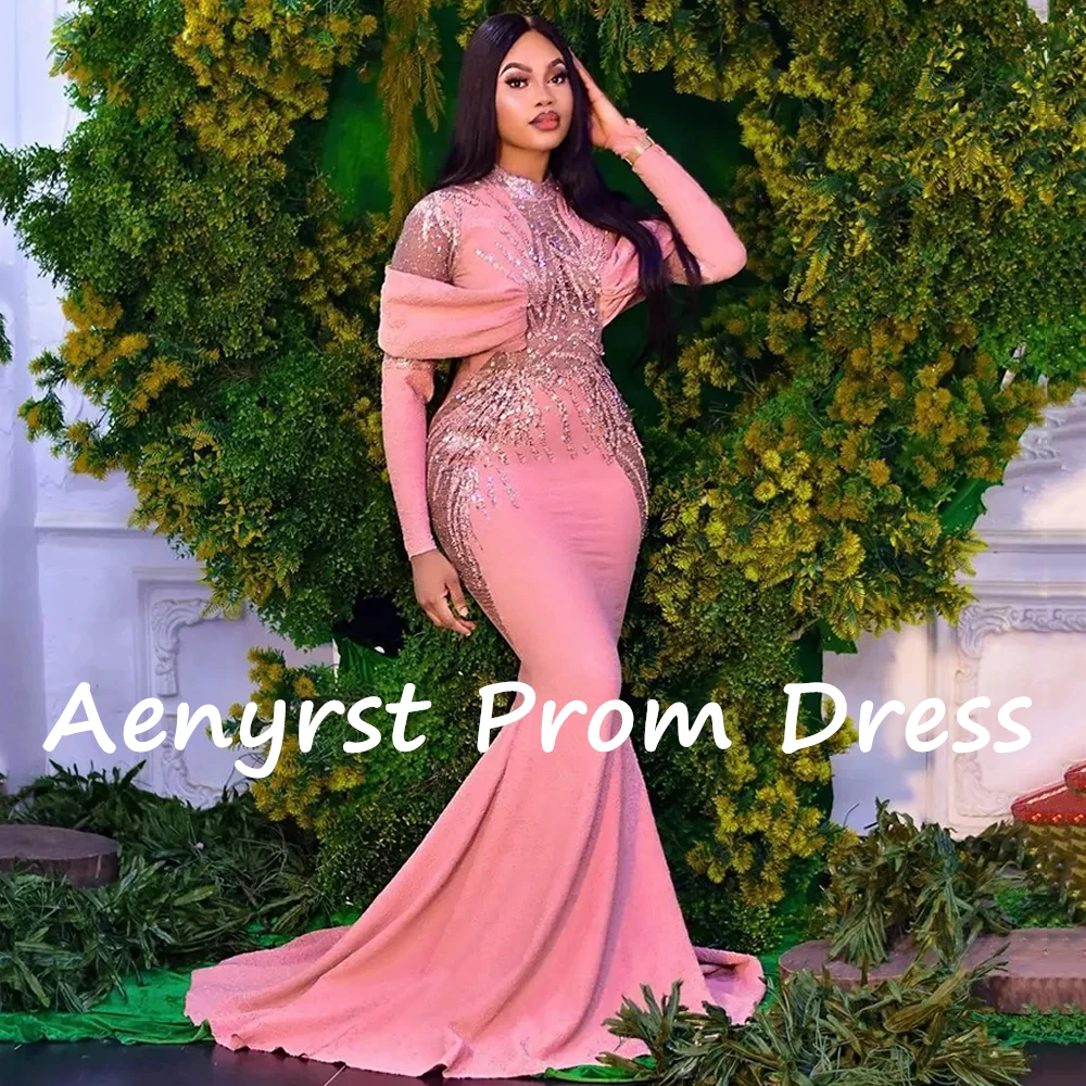 Aenyrst-Robe de Rhsirène rose à manches longues pour femmes, tambours à paillettes, robe de soirée personnalisée saoudienne, longueur au sol, occasion formelle