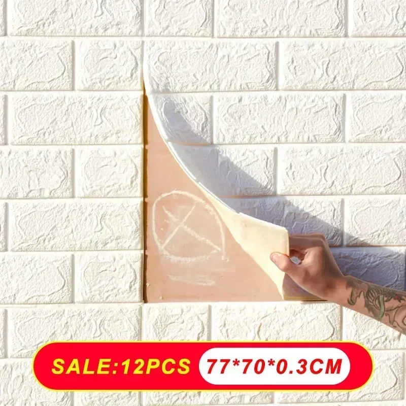 12pcs Self-Adhesive 3D Brick Sticker DIY Waterproof Foam Wallpaper Bedroom Kids Room Kitchen Roof Ceiling Background Wall Decals