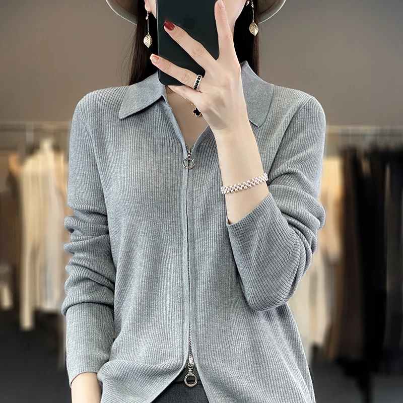 

New sweater in autumn and winter 100% merino wool coat women polo neck knitted cardigan fashion coat