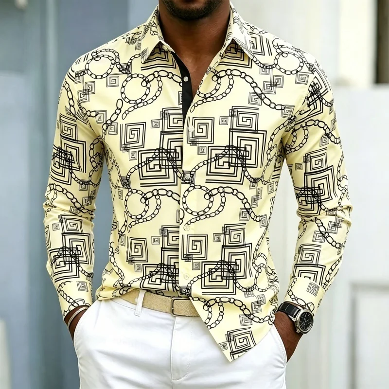 Men's Shirt  Light Luxury Style Long Sleeved Shirt  Chain Patterned Printed Slim Fit Shirt  Trendy Business Casual Shirt