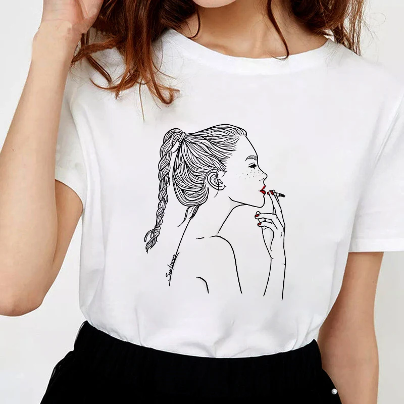 T shirt Women Smoking girl printed t-shirt Fashion hipster 2019 New Summer tshirt female Harajuku Thin section Tees Tops clothes