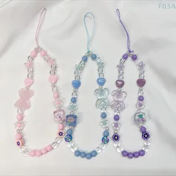 Cute Bear Bow Mobile Phone Rope Keychain Lanyard Phone Beaded Chain Bracelet Anti-Fall Acrylic Color Chain Crystal Cute