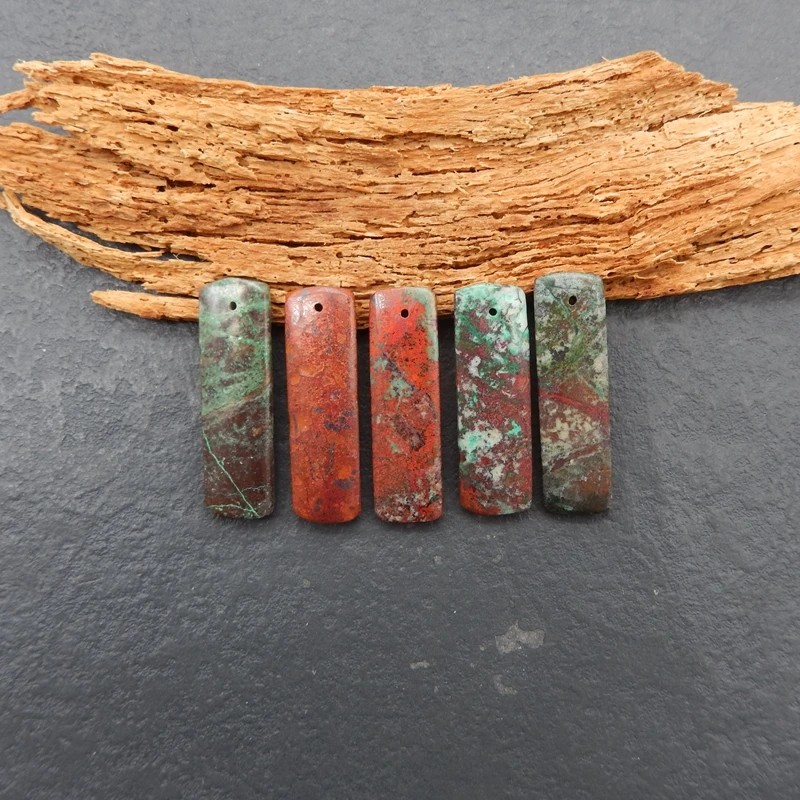 

5PCS Natural Chrysocolla-in-Matrix Gemstone Rectangular Components Red-Green Banded for Handmade Jewelry Artisanal Crafts