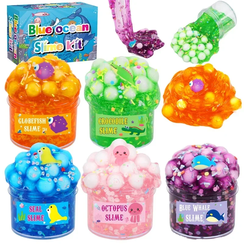 

Squishy Slime Prank Sensory Toys Ocean Theme Seal Jellyfish Pufferfish Big Particles Crystal Mud Stress Reliever Gift 70ml 5Pcs