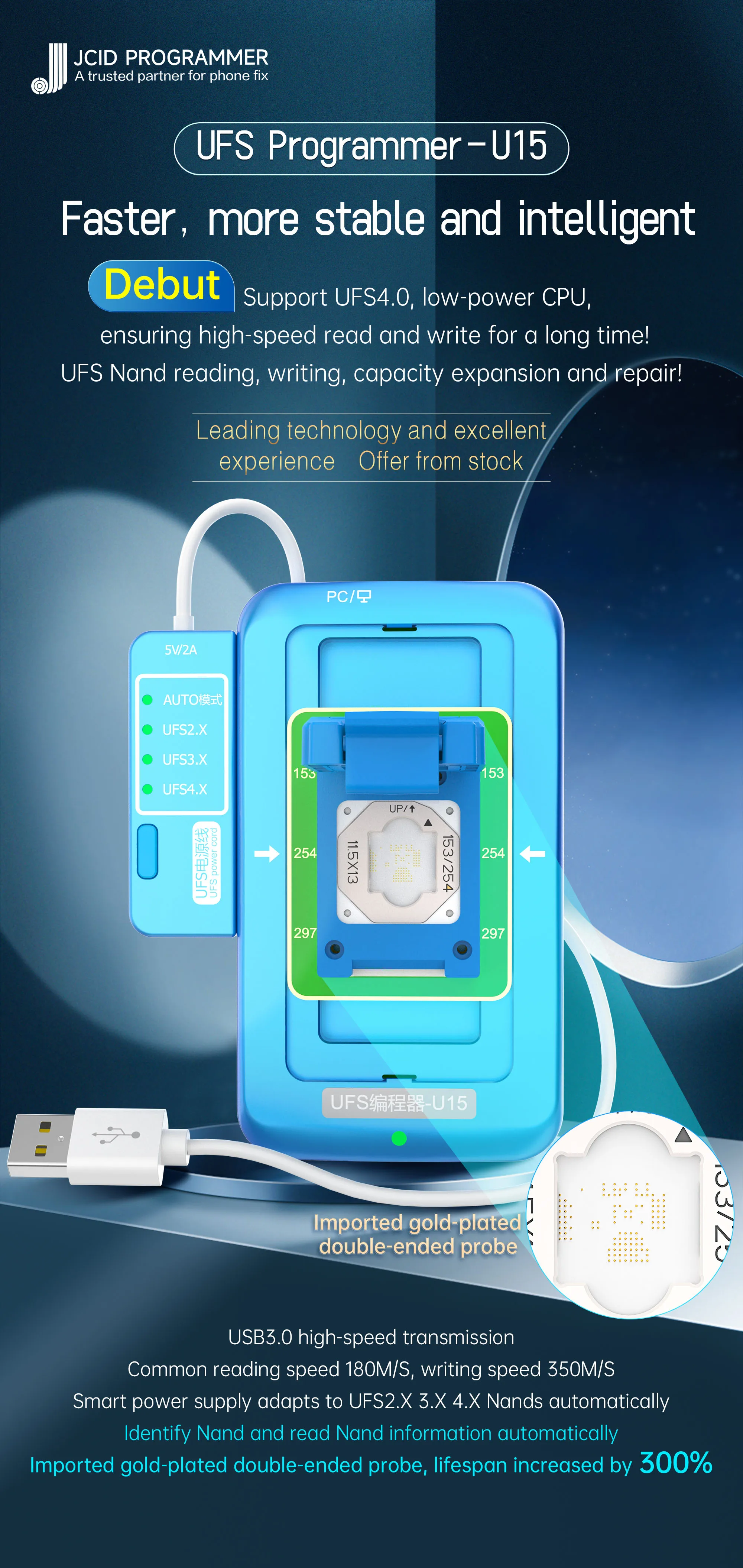 JCID JC-UFS Programmeur U15 voor Android, Automatische aanpassing, UFS2.X, 3.X, 4.X, Nand Flash Lezen, Schrijven, Reparatie Tool Sets, Nieuw
