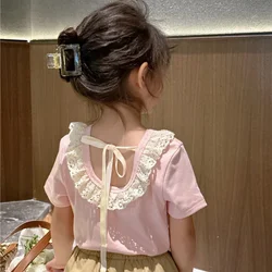 Summer Girls T-shirt With Open Back Lace New Children's Baby Cute Solid Short-sleeved Top Kids Baby Girl Bottoming Tops