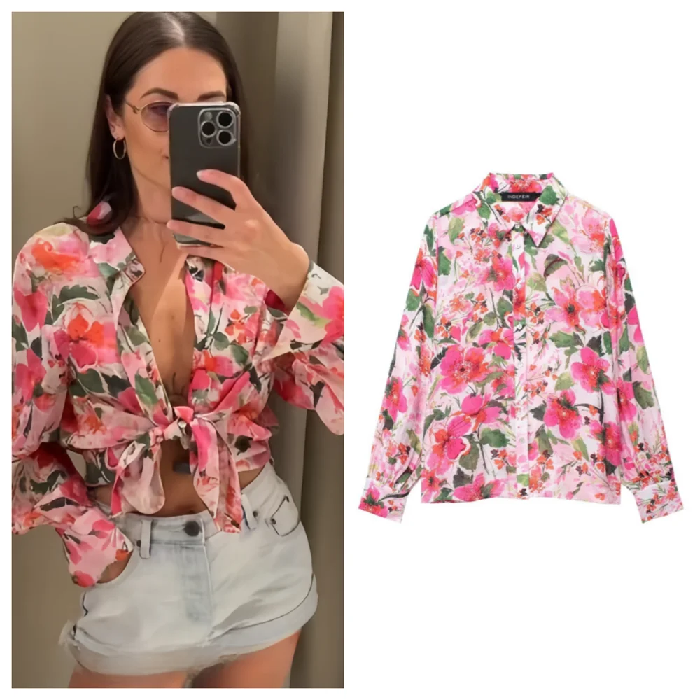 PB&ZA 2024 Spring New Women\'s Fashion Style Casual Loose and Versatile Flower Print Flip Collar Shirt