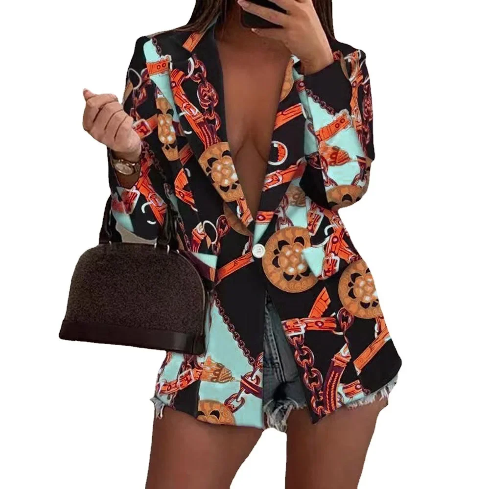 Vintage Print Blazers for Women Chic Autumn Women's Clothing Long Sleeve Streetwear Slim Ladies Coats Plus Size Blazer Mujer