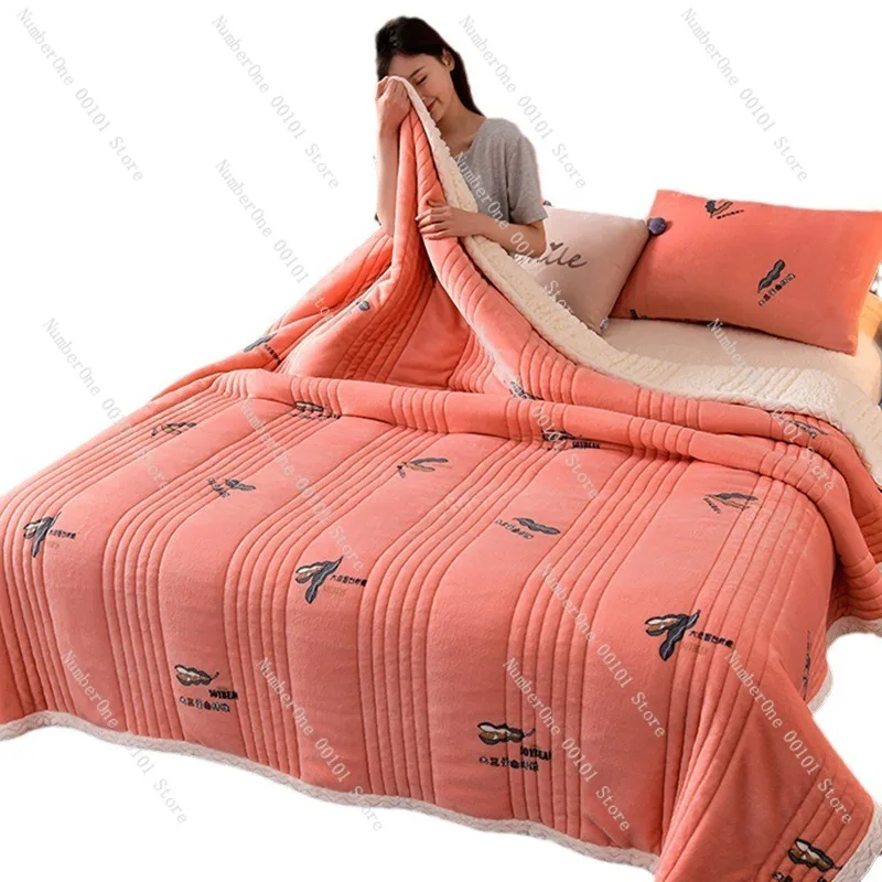Soft Double Sided Fleece Quilt Blanket Milk Velvet Sherpa Throw Warm Flannel Coverlet for Autumn Winter Thickened Cozy Bed Sofa