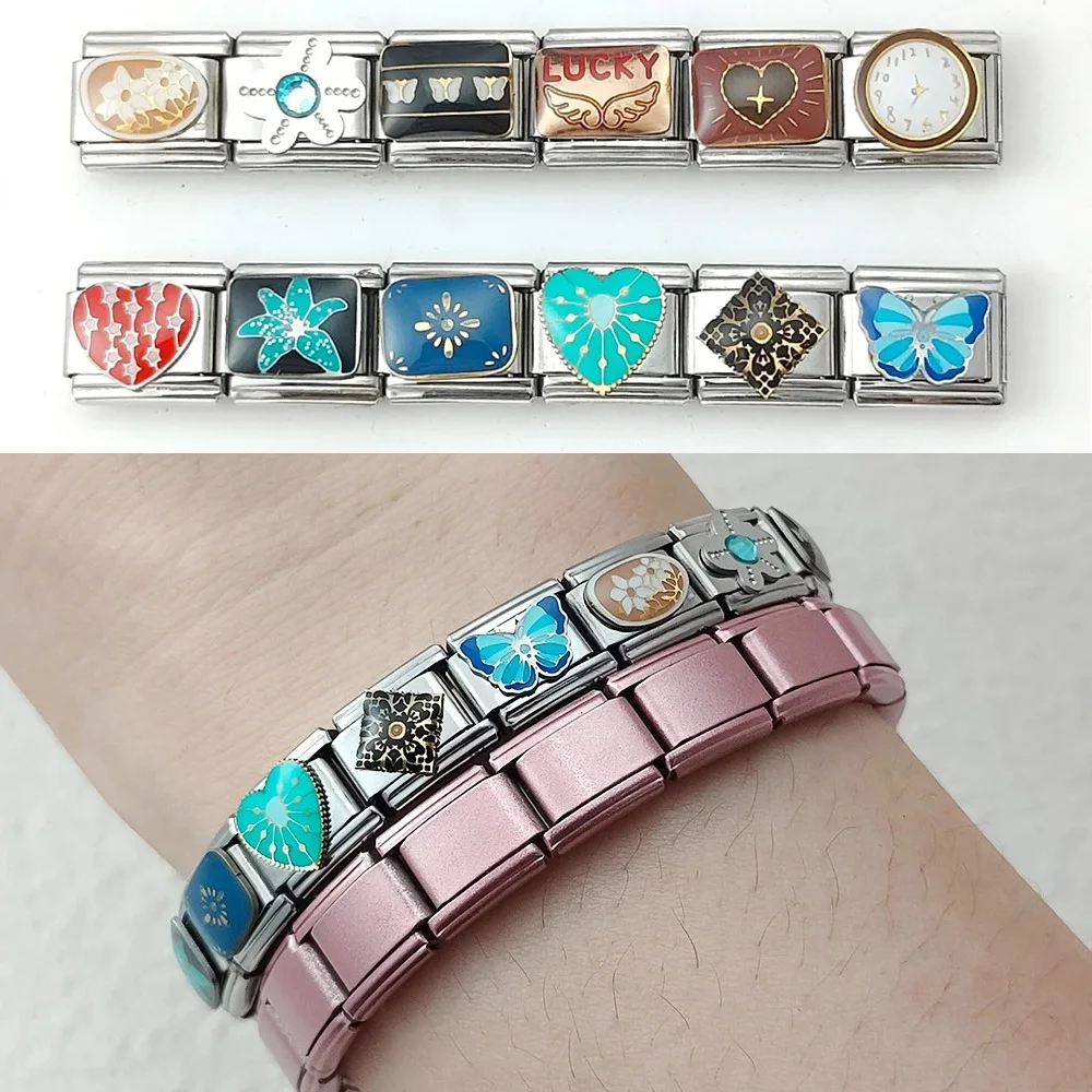 

Trendy Y2K Creative Ancient Retro Style Italian Charms Link fit 9mm DIY Stainless Steel Jewelry Butterfly Flower Clock Bracelets