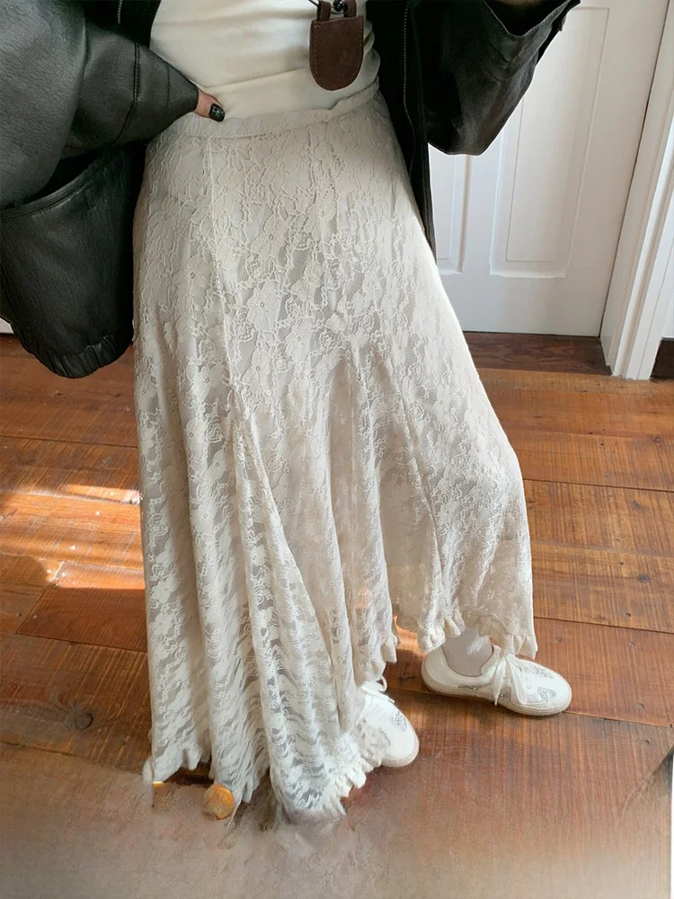 

Асимметричная юбка с высокой талией и кружевом для женщин, модная коллекция Весна 2026, эластичное волокно, нейлон 90%, спандекс 0%, дизайн с высокой талией