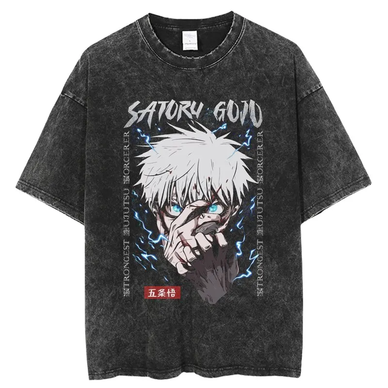 Anime Jujutsu Kaisen T Shirt Vintage Washed T-shirt Gojo Satoru Graphic Print TShirt 100% Cotton Summer Retro Short Sleeve Tees