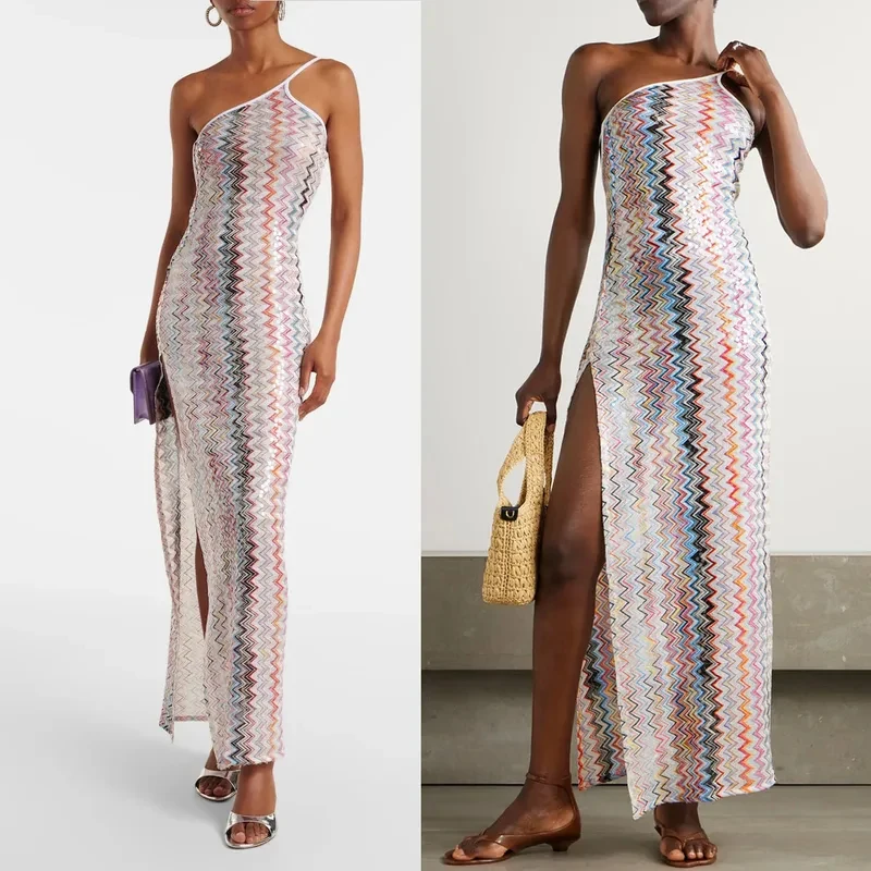 Robe longue sexy BKQU à imprimé ondulé, épaules dénudées, col asymétrique, sans manches, dos nu, mode slim, pour la plage et les vacances