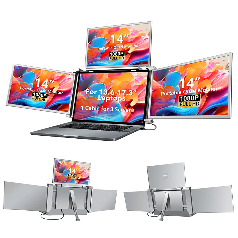 

Lap Top Quad Display Screen Extensions 14 Inches Tri Fold Laptop Screen One Cable for 4 Displays Portable extra Monitor