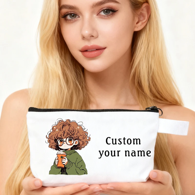 

Custom Name Cosmetic Pouch Fashion Curly-Haired Girl Pattern Canvas Cosmetic Bag Travel Multifunction Organizers Pencil Cases