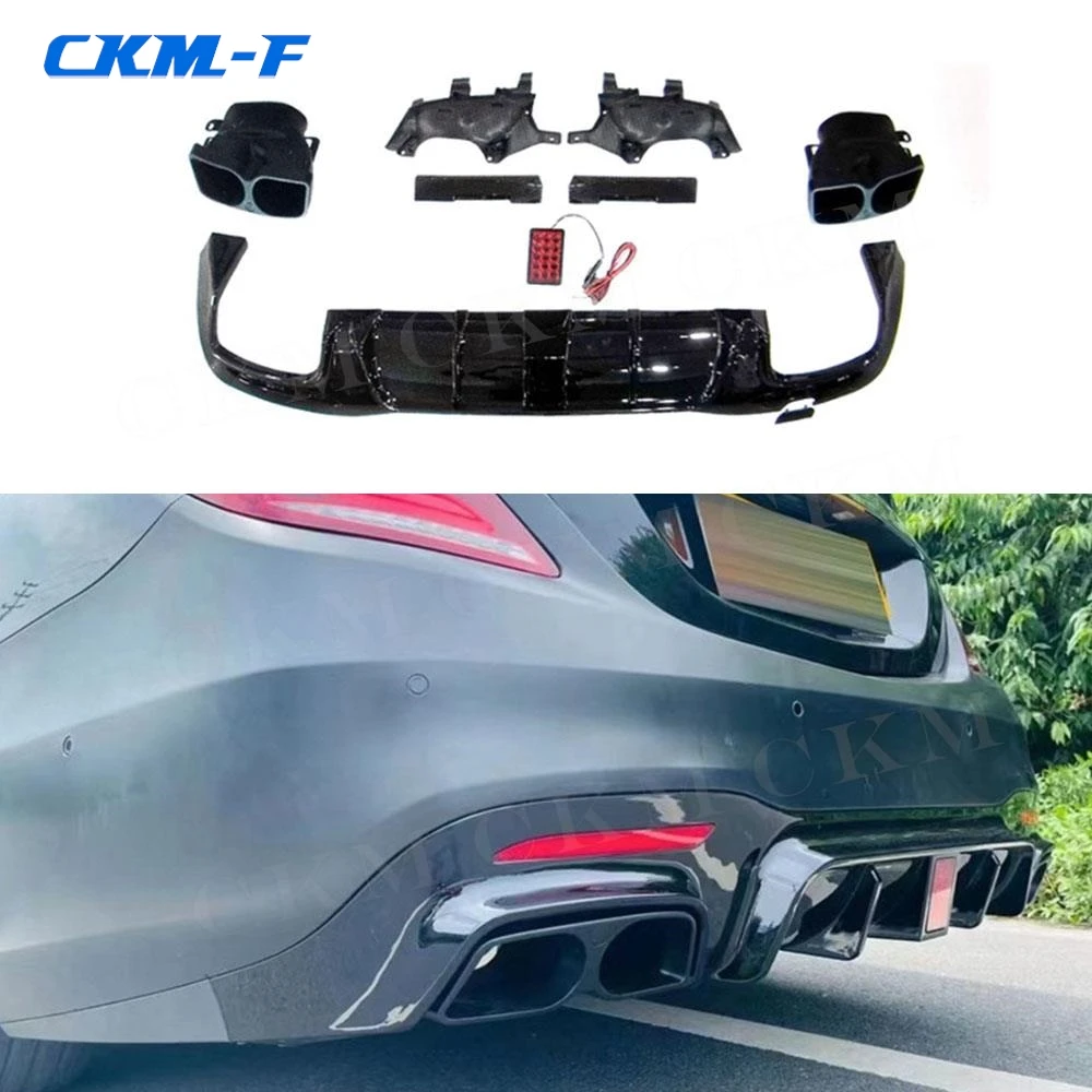 Carbon Look Rear Bumper Diffuser with Exhaust Muffer Tips for Mercedes Benz S Class W222 S450 500 560 S63 S65 AMG 2018-2021