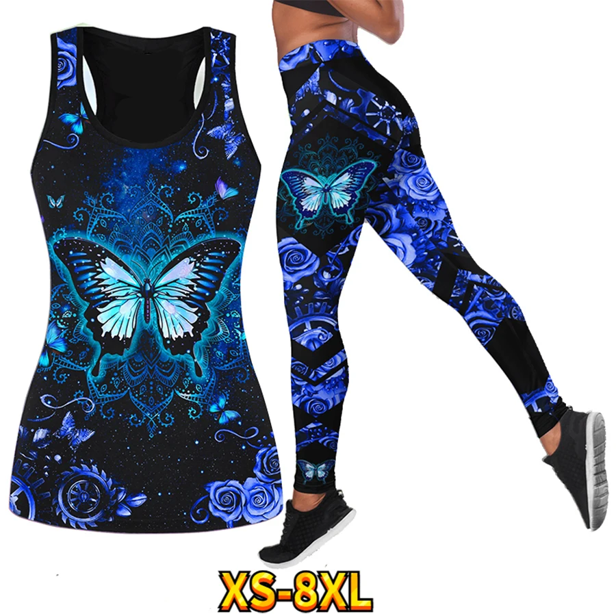 Stylish and Sexy Fall Yoga Pants Vest Set Ladies Colorful Butterfly Print Casual Sports Leggings Set XS-8XL