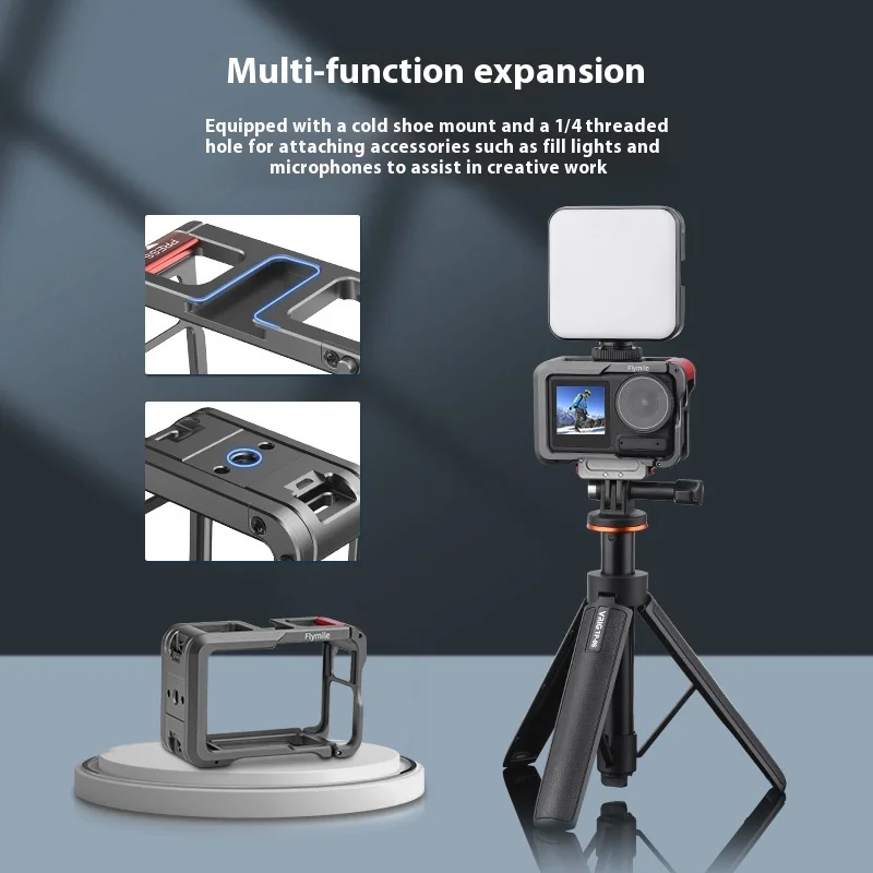 Aluminum Metal Cage for  DJI OSMO ACTION4/3/5Pro Quick Release Knob,Shockproof Frame Case with Dual Cold Shoe Mounts