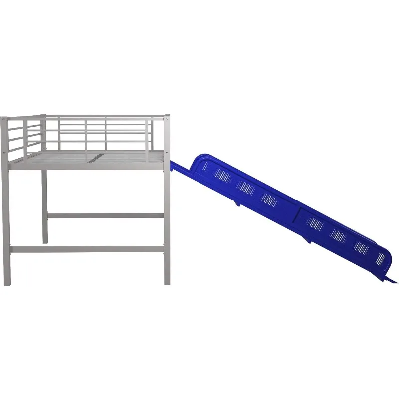 Silver Junior Twin Metal Loft Bed with Slide, Multifunctional Design, Silver with Blue Slide